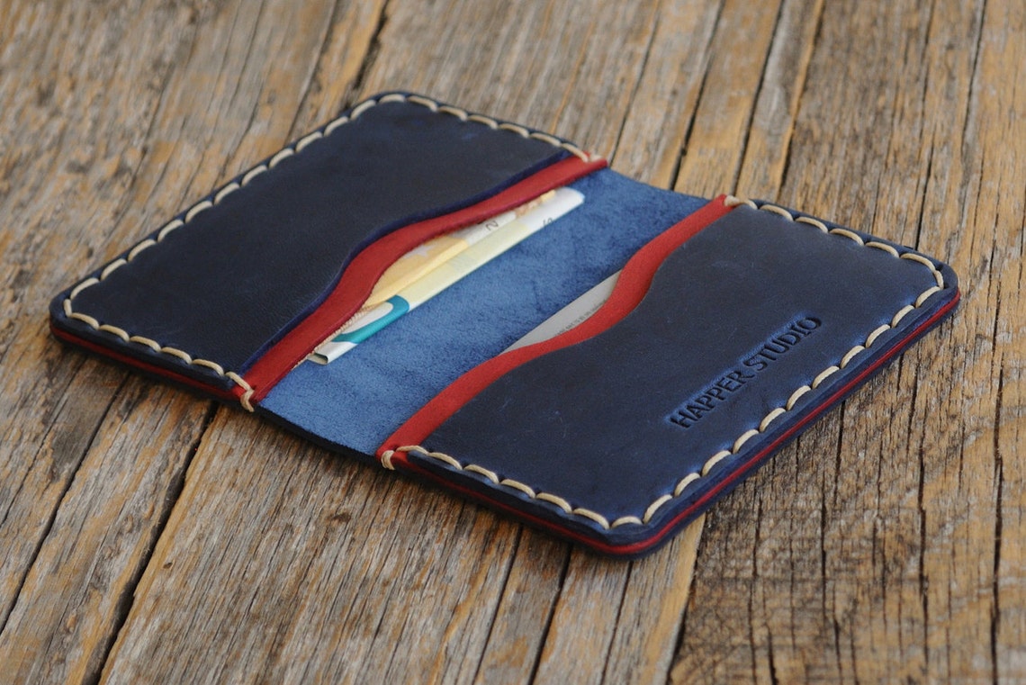 Blue and Red Leather Wallet. Credit Card Holder. Pockets for Etsy