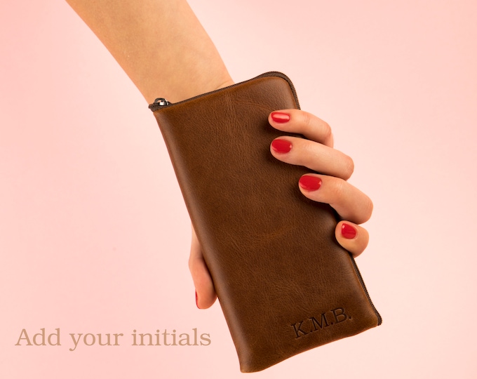 Brown Italian Leather Case for iPhone, Free Personalisation, Zip Fastener Wallet