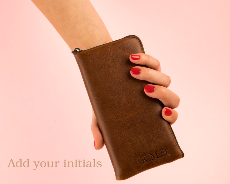 Brown Italian Leather Case for iPhone Free Personalisation Wallet with Zipper