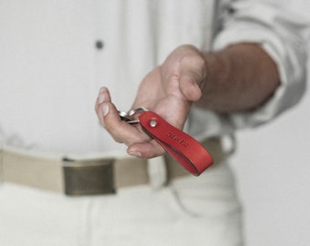 Personalised Red Leather Key Fob, Drop Shape Ring, Key Chain Holder Clip, Loop Keyring