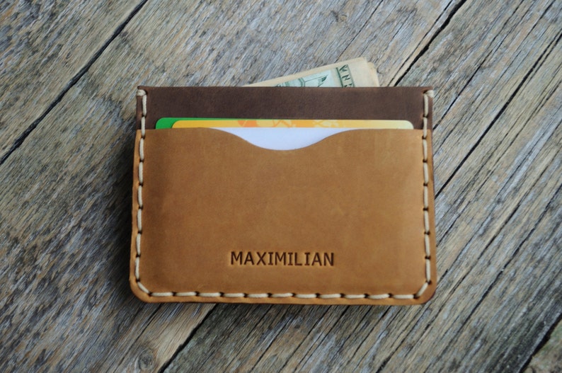 Light Brown Leather Wallet, PERSONALIZED Brown Detail Inside Cover, Credit Card Cash or ID Holder, Rustic Style Unisex Pouch image 1