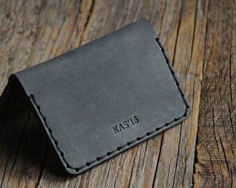 Grey Leather Wallet. Bi-Fold Credit Card Holder. Pockets for Cash or ID. Hand Stitched Unisex Pouch. FREE Personalization. Perfect Gift!