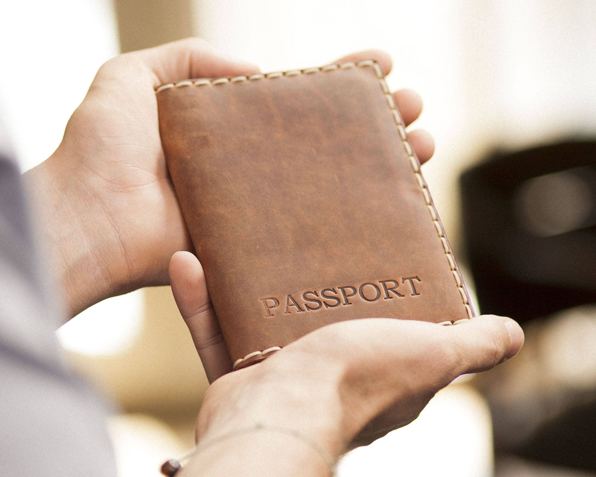 Brown Genuine Real Leather Passport, Cards Holder with Secure Wallet