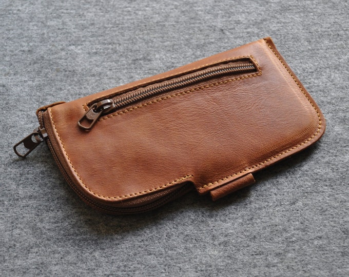 Organizer Pencil Pouch Case. Genuine Leather Travel Mini Messenger Bag with Zippers and Pockets.