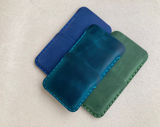 Handmade Leather Case for iPhone 16, 15, 14, 13. Sleeve with Card Pocket. Green, Blue, Turquoise Color. Free Personalisation!