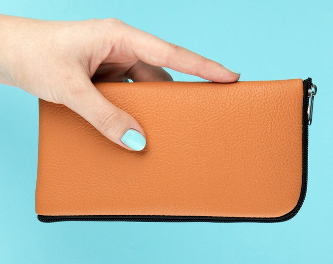 Orange Italian Leather Case for Nokia - Lined and Padded Wallet - Cover Purse Zipper closure.