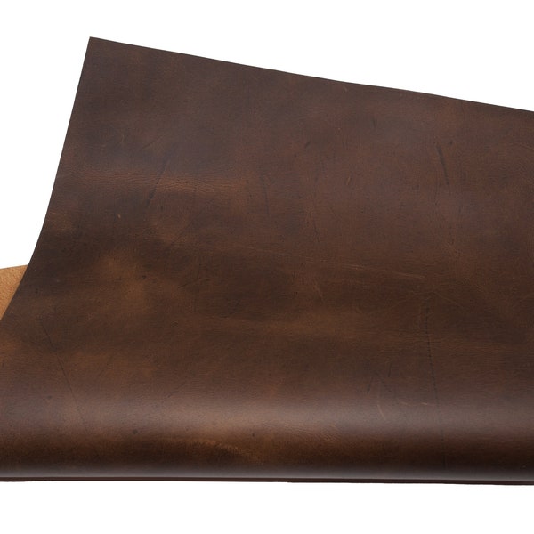 Crazy Horse Brown Leather Pieces. Sheets for Crafts and Hobby, Pre Cut DIY Panels. 2mm / 5 oz thick. Scratched and rubbed areas.