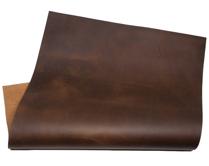 Crazy Horse Brown Leather Pieces. Sheets for Crafts and Hobby, Pre Cut DIY Panels. 2mm / 5 oz thick. Scratched and rubbed areas.