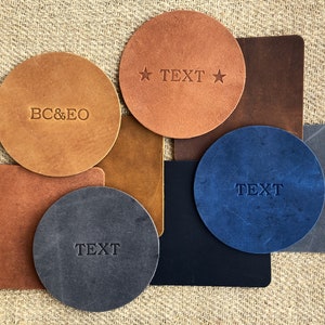 Personalised Leather Coasters Square 10*10 cm  or Ø 10 cm Round, Drinks Mats. Each Crazy Horse Leather is Unique with Natural Markings.