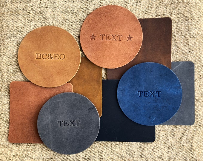 Personalised Leather Coasters Square 10*10 cm  or Ø 10 cm Round, Drinks Mats. Each Crazy Horse Leather is Unique with Natural Markings.