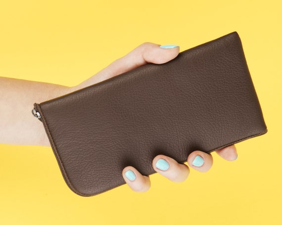 Dark Brown Leather Pouch for iPhone, Lined Wallet Zipper Closure