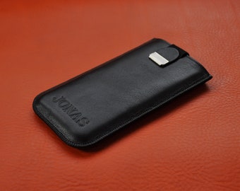 Personalized Leather Case for iPhone, Soft Lined Pouch with Magnetic Pull Band