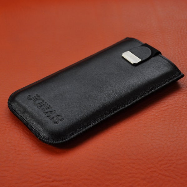 Personalized Leather Case for iPhone, Soft Lined Pouch with Magnetic Pull Band