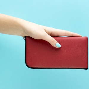 Red Italian Leather Case for Motorola, Lined Purse Pouch with Zip.