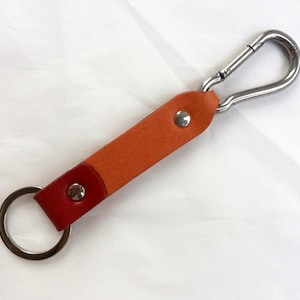Burnt Orange and Red Leather Key Fob, Key Chain, Stainless Steel Carabiner Clip Hook, Fob Holder