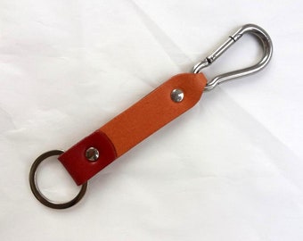 Burnt Orange and Red Leather Key Fob, Key Chain, Stainless Steel Carabiner Clip Hook, Fob Holder