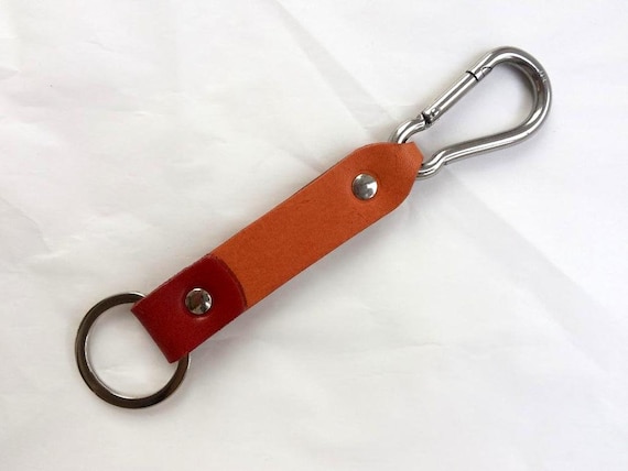 Burnt Orange and Red Leather Key Fob, Key Chain, Stainless Steel Carabiner Clip Hook, Fob Holder
