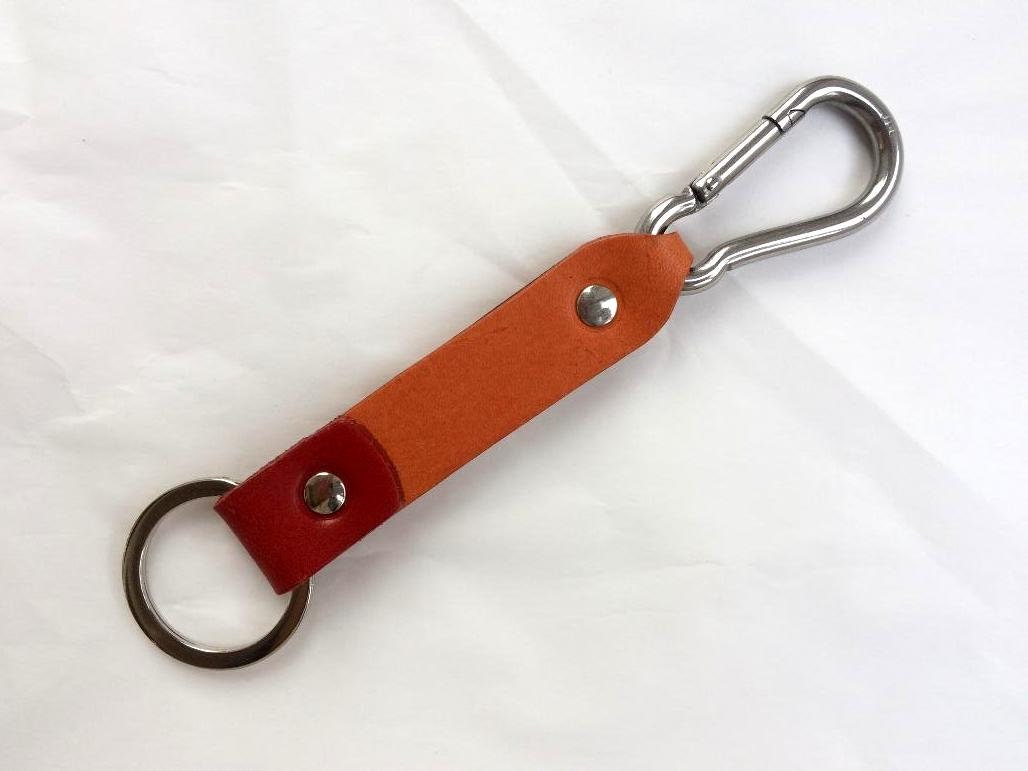 Burnt Orange and Red Leather Key Fob, Key Chain, Stainless Steel