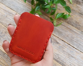 Coral Red Leather Wallet, Slim Unisex Pouch, Credit Card or ID Holder, Gift Couples Ideas, Personalised Bridesmaid Gift