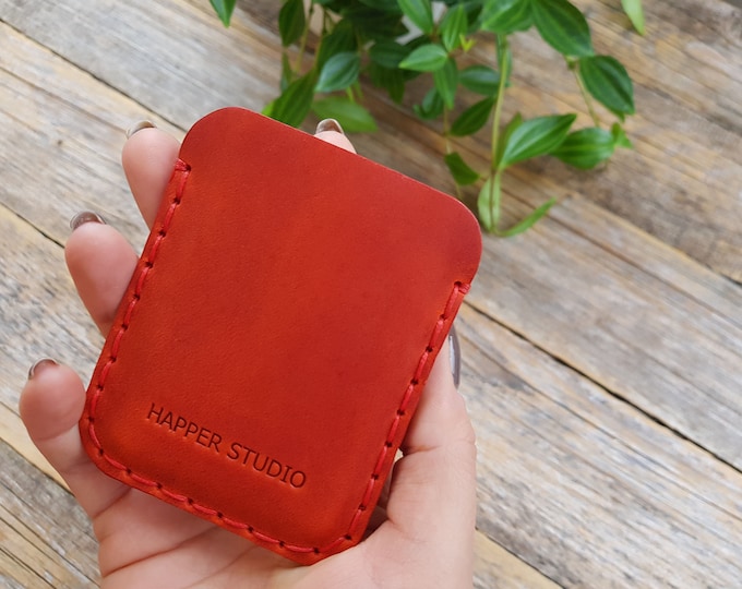 Coral Red Leather Wallet, Slim Unisex Pouch, Credit Card or ID Holder, Gift Couples Ideas, Personalised Bridesmaid Gift