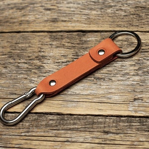 Burnt Orange Leather Key Chain, Stainless Steel Carabiner Clip, Fob Holder
