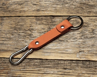 Burnt Orange Leather Key Chain, Stainless Steel Carabiner Clip, Fob Holder