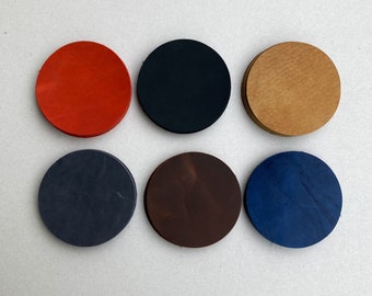 Personalised Mix Shades Leather Coasters, Ø 10 cm Round, Drinks Mats. Each Leather is Unique with Natural Markings. Set of 6 or 10 Coasters.