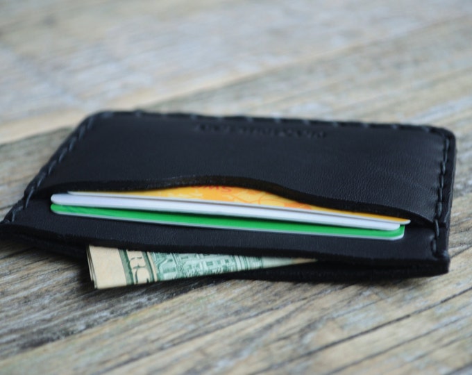 Black Leather Wallet with Black Stitching, PERSONALIZED Credit Card Cash and Banknote Holder, Rugged Style Pouch