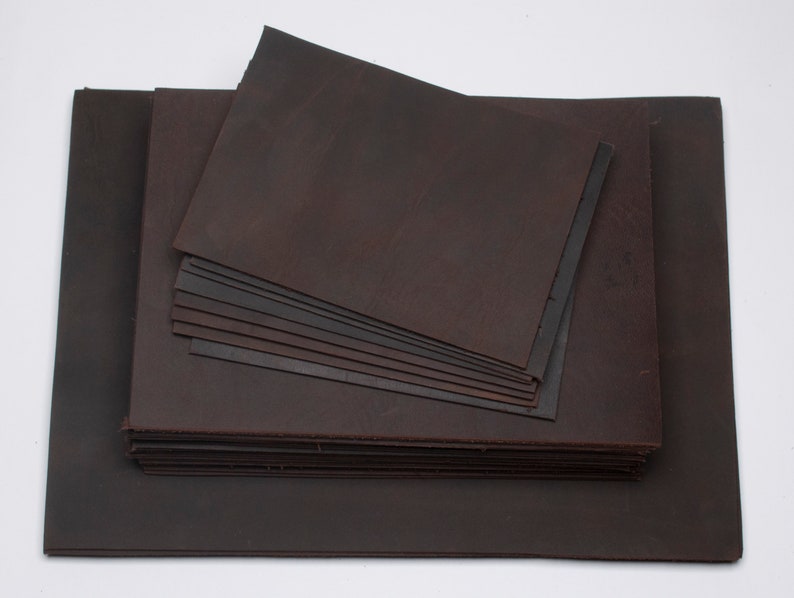 Crazy Horse Leather Pieces. Sheets for Crafts and Hobby, Pre Cut DIY Panels. 2mm / 5 oz thick. Scratched and rubbed areas. 3. Dark Brown