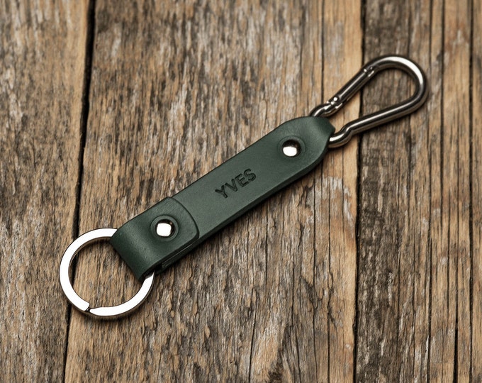 Green Leather Key Chain, Stainless Steel Carabiner Clip, Custom text, Fob Holder, FREE Personalization