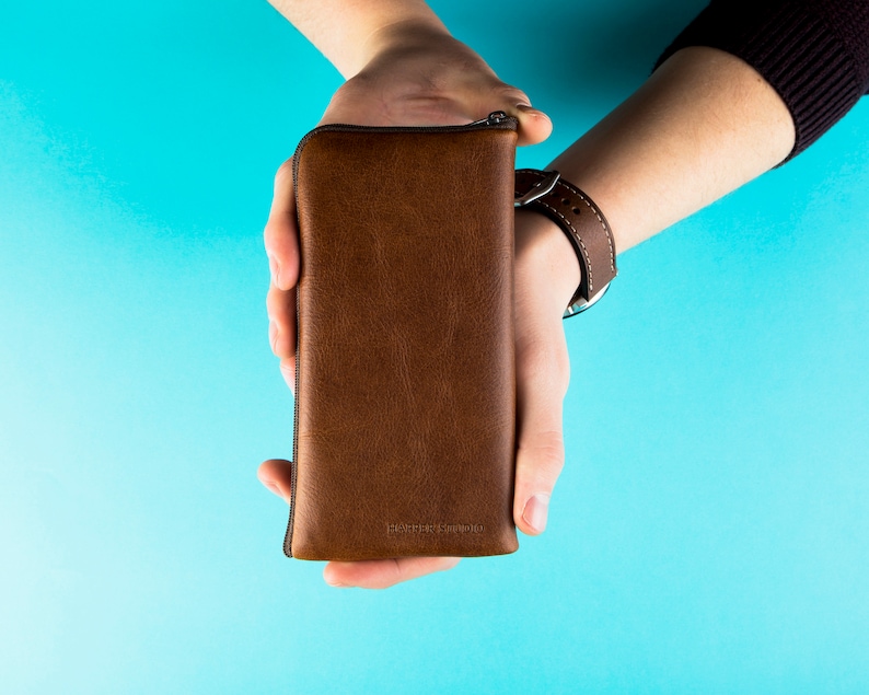 Brown Italian Leather Case for iPhone Free Personalisation Wallet with Zipper