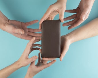 Dark Brown Leather Pouch for iPhone, Lined Case Wallet Zip Closure