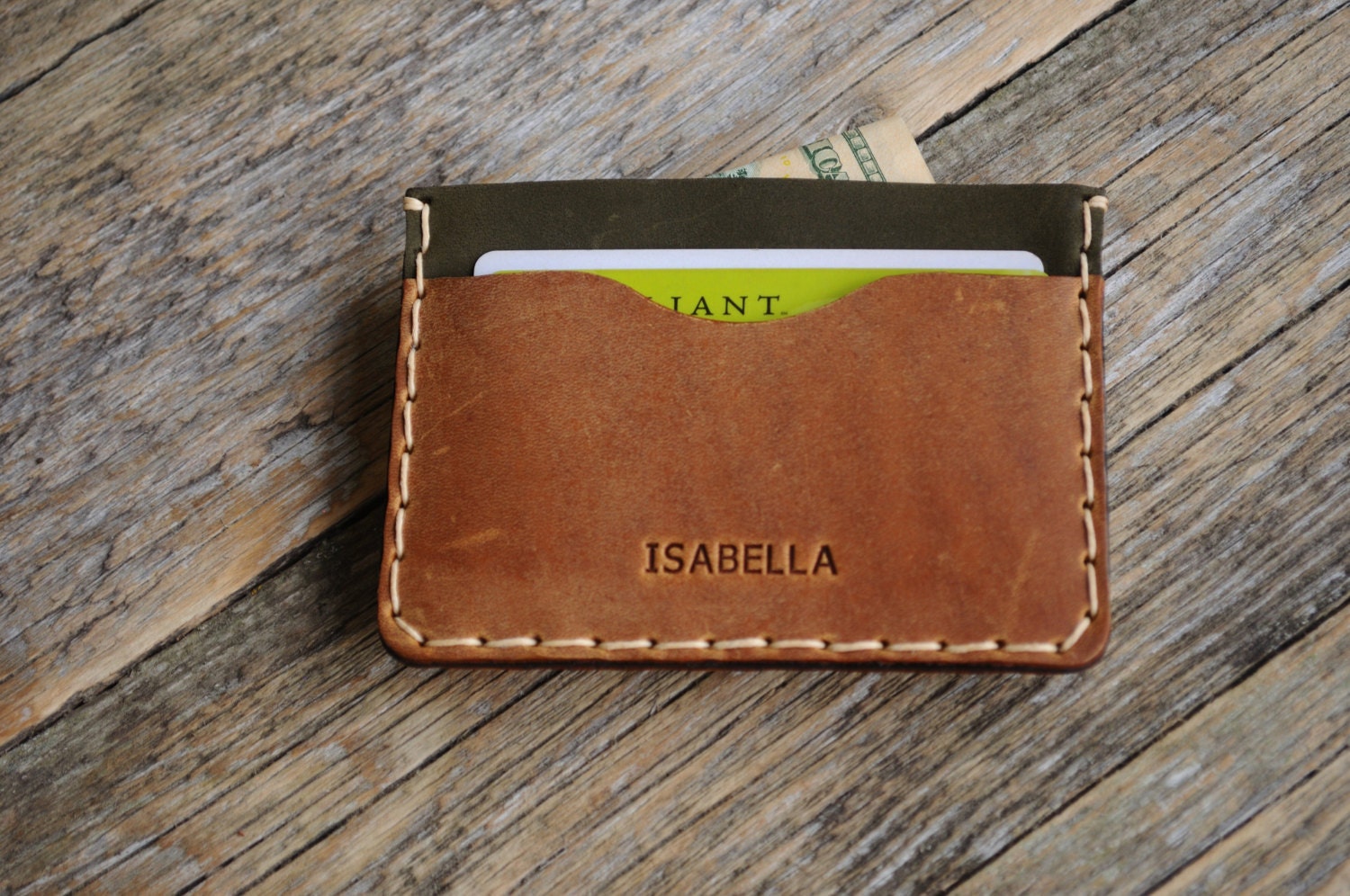 Handmade Epi Leather Credit Card Wallet. Dark Green Leather 