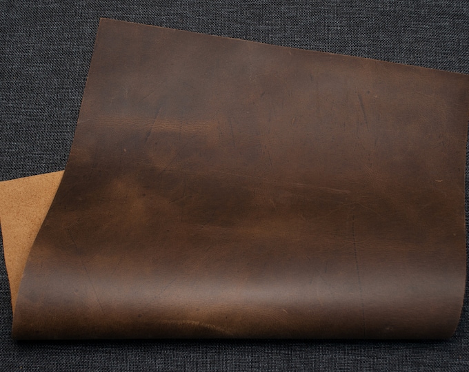Crazy Horse Brown Leather Pieces. Sheets for Crafts and Hobby, Pre Cut DIY Panels. 2mm / 5 oz thick. Scratched and rubbed areas.