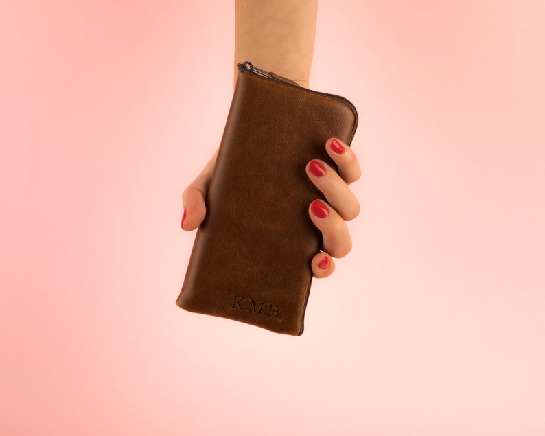 Brown Italian Leather Case for iPhone Free Personalisation Wallet with Zipper