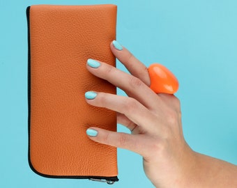 Orange Leather Case for iPhone, Wallet with Zipper, Sleeve Pouch Purse