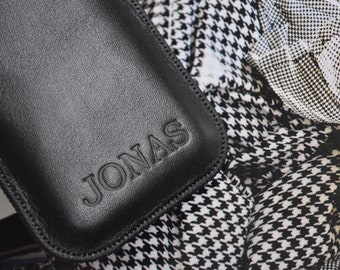 Personalized Leather Case for iPhone, Soft Lined Pouch with Magnetic Pull Band