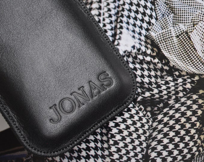 Personalized Leather Case for iPhone, Soft Lined Pouch with Magnetic Pull Band