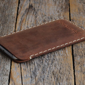 Leather Case for iPhone, Professionally Hand Stitched Cover, Free Personalisation, Custom Size Sleeve 4. Brown