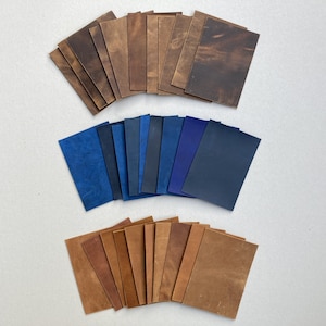 May include: Three sets of leather swatches in different shades of brown and blue. The swatches are arranged in a semi-circle shape.