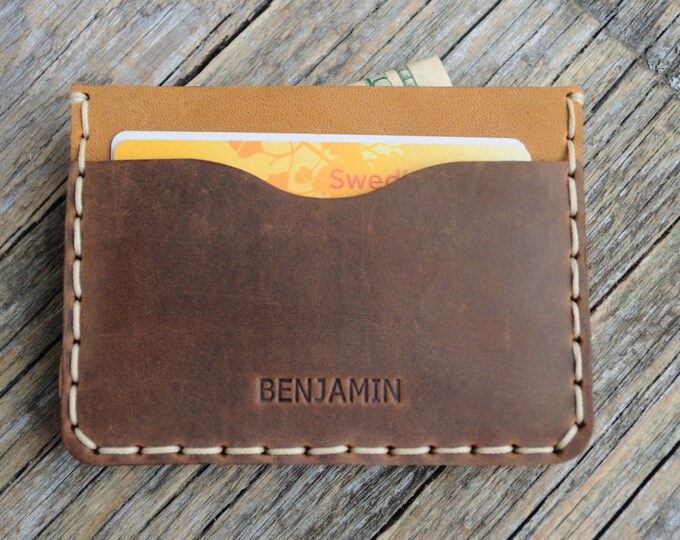 PERSONALIZED Brown Leather Wallet, Tan Detail Inside Cover, Credit Card Cash or ID Holder, Rugged Style Unisex Pouch