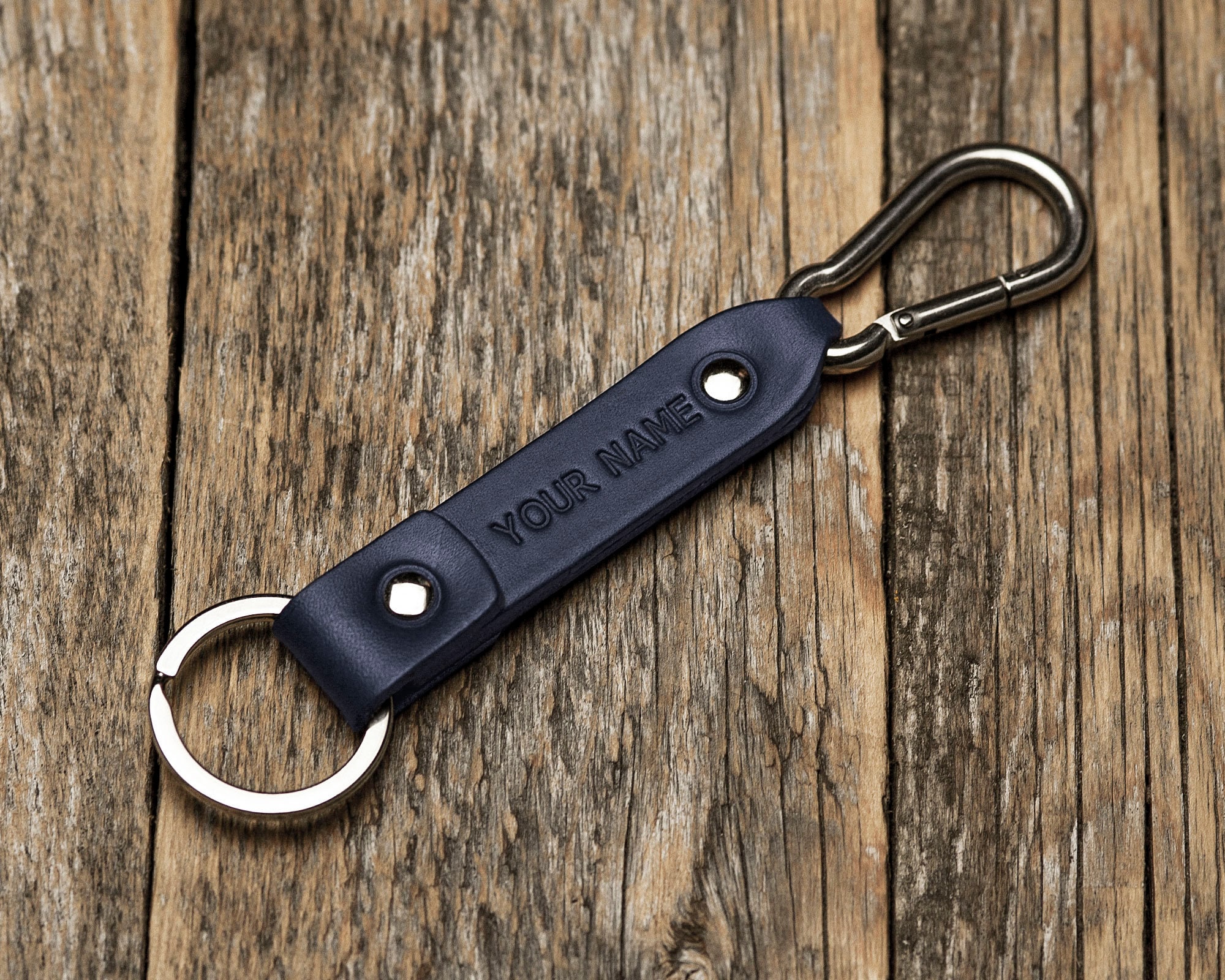 Blue leather key chain, stainless steel carabiner clip hook, custom