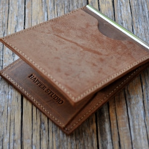 Cartera plegable fina personalizada, soporte para billetes con clip de cuero bovino