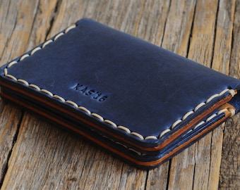 Blue Leather Wallet. Credit Card Holder. Pockets for Cash or ID. Rustic Style Unisex Pouch. FREE Personalization. Perfect Gift!