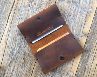 Brown Leather Riveted Wallet, Credit Card Holder with Pockets for Cash or ID,  Personalised Unisex Pouch.