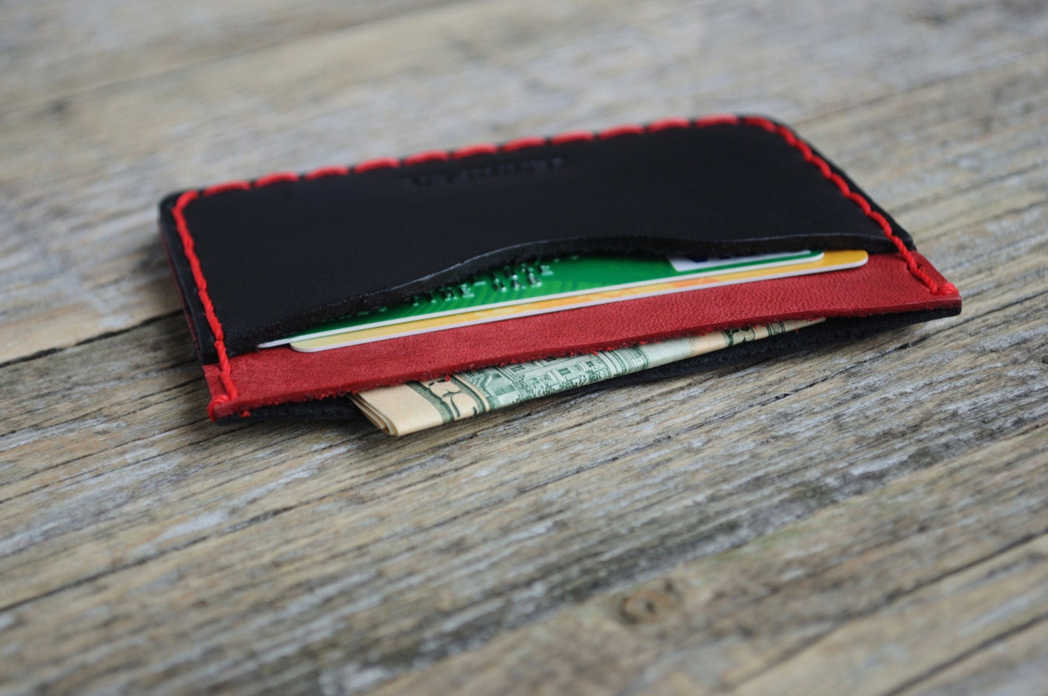  Personalized red leather wallet. Credit card, cash or