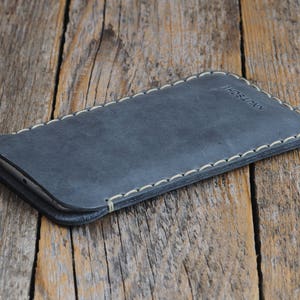 Leather Case for iPhone, Professionally Hand Stitched Cover, Free Personalisation, Custom Size Sleeve 2. Grey