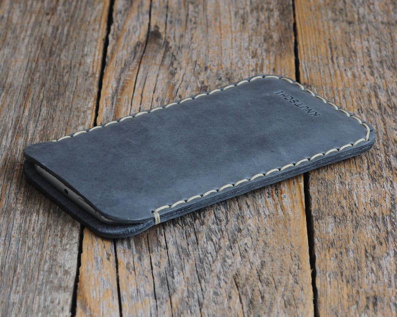 Leather Case for iPhone, Professionally Hand Stitched Cover, Free Personalisation, Custom Size Sleeve 2. Grey