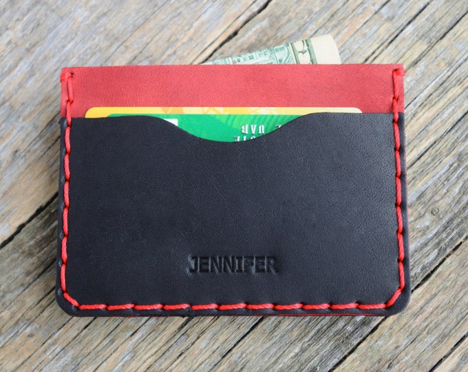 Red and Black Leather Wallet, PERSONALIZED Credit Card or Cash Holder, Professionally Hand Stitched Pouch