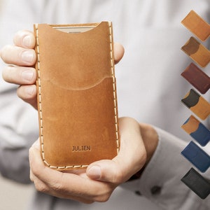 Hand Stitched Leather Case for iPhone, Pouch Wallet with Card Pocket, Free Personalisation